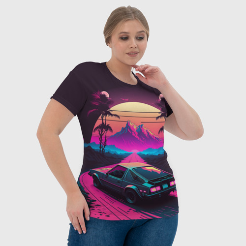 Женская футболка 3D с принтом Synthwave car and mountains, фото #4