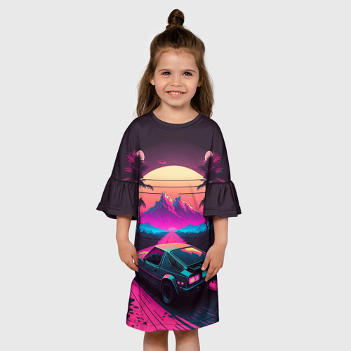 Детское платье 3D Synthwave car and mountains, цвет 3D печать - фото 4