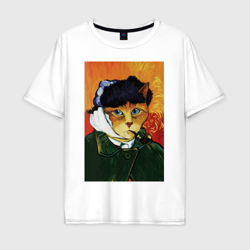 Мужская футболка оверсайз из хлопка с принтом Кот Ван Гога портрет с отрезанным ухом - пародия, вид спереди №1