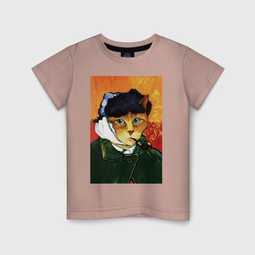 Детская футболка хлопок с принтом Кот Ван Гога портрет с отрезанным ухом - пародия, вид спереди #2
