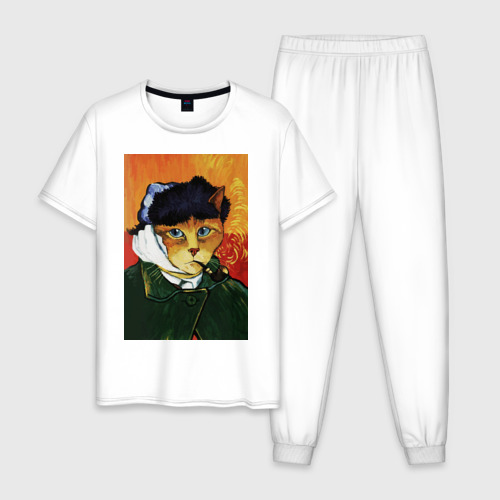 Мужская пижама хлопок Кот Ван Гога портрет с отрезанным ухом - пародия, цвет белый