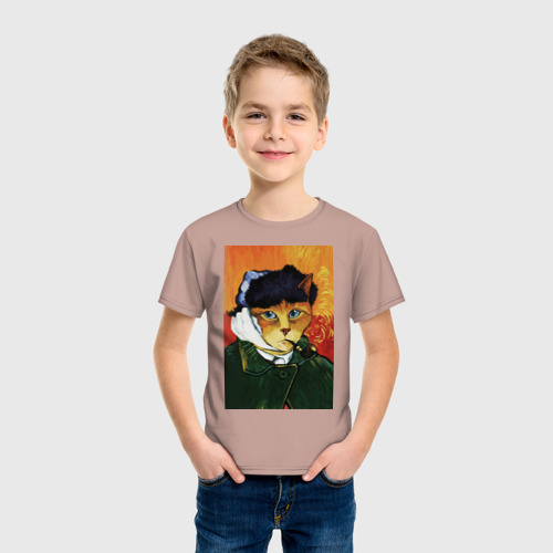 Детская футболка хлопок с принтом Кот Ван Гога портрет с отрезанным ухом - пародия, фото на моделе #1