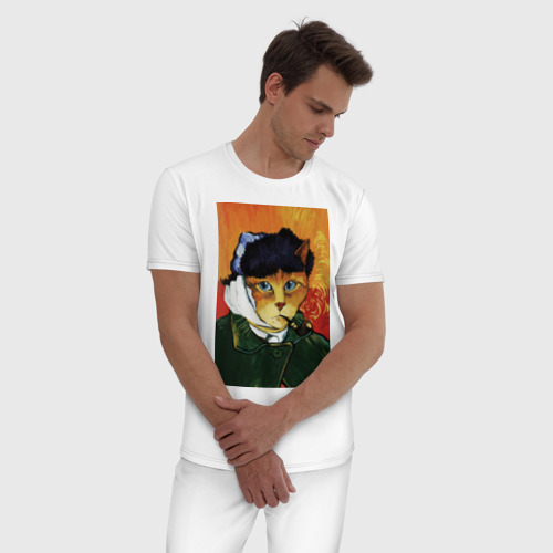 Мужская пижама хлопок Кот Ван Гога портрет с отрезанным ухом - пародия, цвет белый - фото 3
