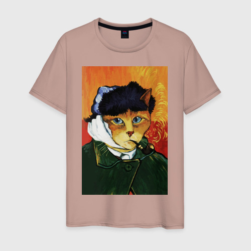 Мужская футболка хлопок с принтом Кот Ван Гога портрет с отрезанным ухом - пародия, вид спереди #2