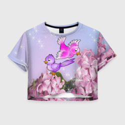 Две пташки на цветочном фоне – Женская футболка Crop-top 3D с принтом купить