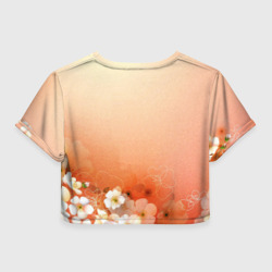 Топик (короткая футболка или блузка, не доходящая до середины живота) с принтом Бульдог смотрит на цветы для женщины, вид сзади №1. Цвет основы: белый