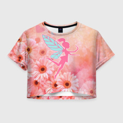 Розовая фея на фоне розовых цветов – Женская футболка Crop-top 3D с принтом купить