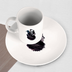 Набор: тарелка кружка с принтом Эдгар Аллан По для любого человека, вид спереди №3. Цвет основы: белый