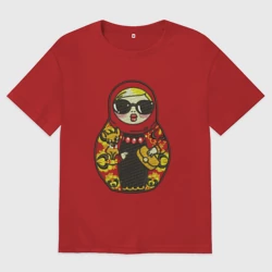 Женская футболка хлопок Oversize Современная матрешка с собачкой