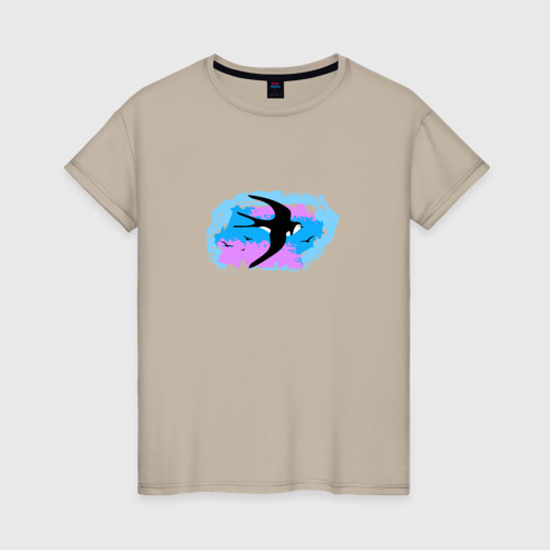 Женская футболка хлопок с принтом Ласточка в небе, вид спереди #2