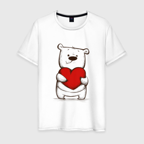 Мужская футболка из хлопка с принтом Милый мишка с сердцем, вид спереди №1
