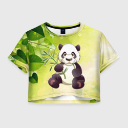 Женская футболка Crop-top 3D Панда на фоне листьев
