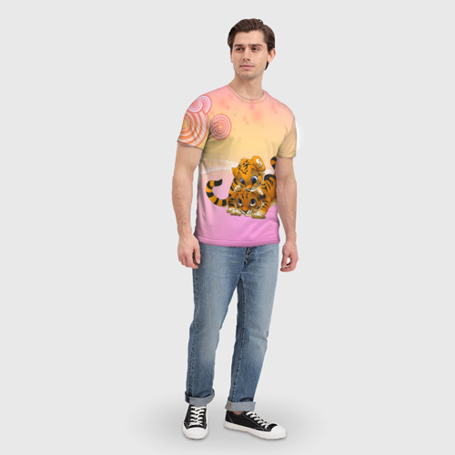 Мужская футболка 3D с принтом Несколько тигрят играют вместе, вид сбоку #3