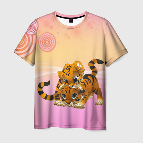 Мужская футболка 3D с принтом Несколько тигрят играют вместе, вид спереди #2