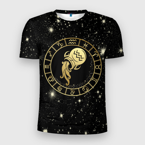 Мужская футболка 3D Slim с принтом Знак Водолея на звездном небе, вид спереди #2