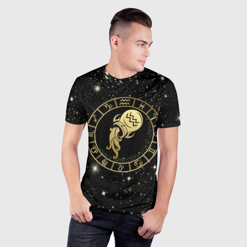 Мужская футболка 3D Slim с принтом Знак Водолея на звездном небе, фото на моделе #1