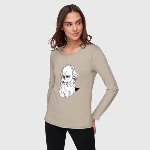 Женский лонгслив хлопок с принтом Лев Толстой, графический портрет, фото на моделе #1