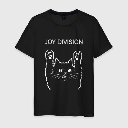Мужская футболка из хлопка с принтом Joy Division рок кот, вид спереди №1