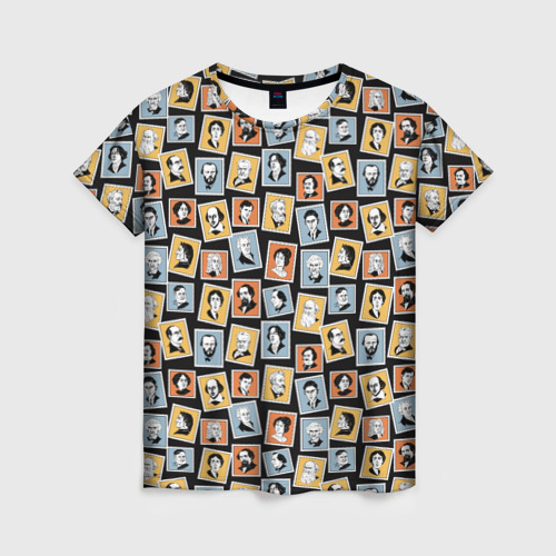 Женская футболка 3D с принтом Марки с портретами писателей, вид спереди #2