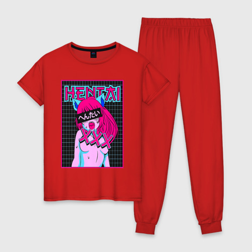 Женская пижама хлопок с принтом Hentai blue redhead girl art, вид спереди #2