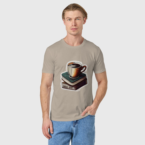 Мужская футболка хлопок Книги и кофе, запах книг, цвет миндальный - фото 3