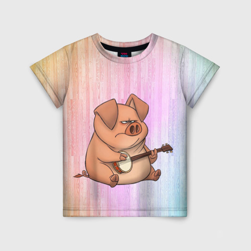 Детская футболка 3D Свинья играет на банджо, цвет 3D печать