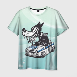 Мужская футболка 3D Волк за рулем автомобиля