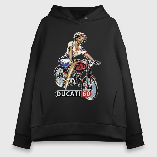 Женское худи Oversize хлопок Красивая девушка на мотоцикле Ducati - retro, цвет черный