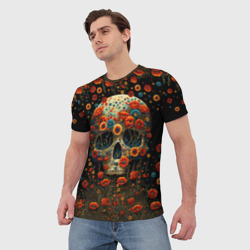 Мужская футболка 3D Череп украшенный цветущими маками - фото 2