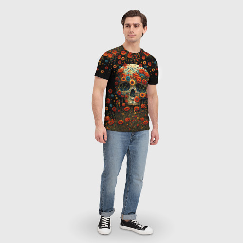 Мужская футболка 3D Череп украшенный цветущими маками, цвет 3D печать - фото 5