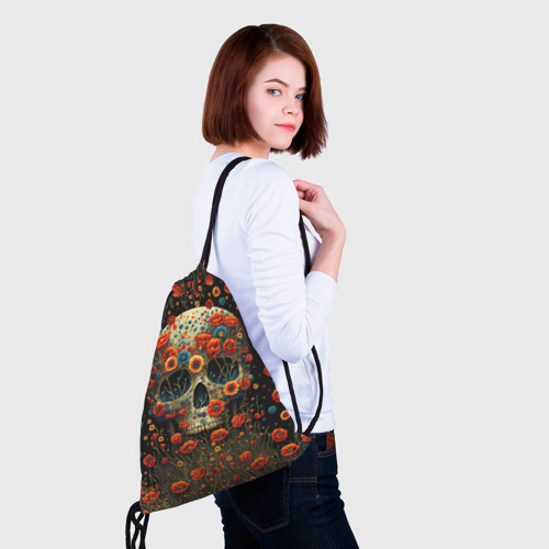 Рюкзак-мешок 3D Череп украшенный цветущими маками - фото 5
