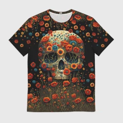 Мужская футболка 3D Череп украшенный цветущими маками