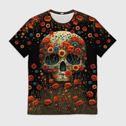 Мужская футболка 3D Череп украшенный цветущими маками