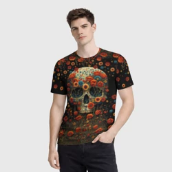 Мужская футболка 3D Череп украшенный цветущими маками - фото 2
