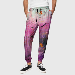 Фиолетово-белый туман с брызгами краск – Мужские брюки 3D с принтом купить