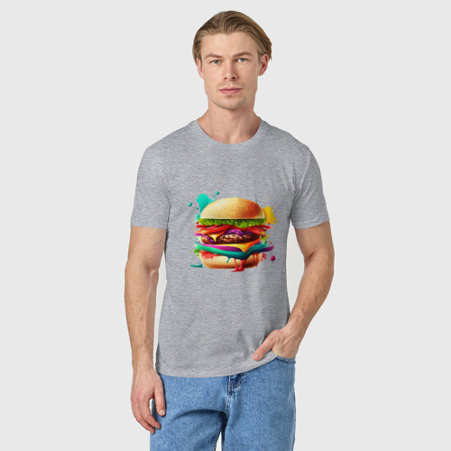 Мужская футболка хлопок с принтом Сочный, мощный бургер, фото на моделе #1