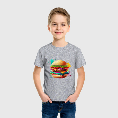 Детская футболка хлопок с принтом Сочный, мощный бургер, фото на моделе #1