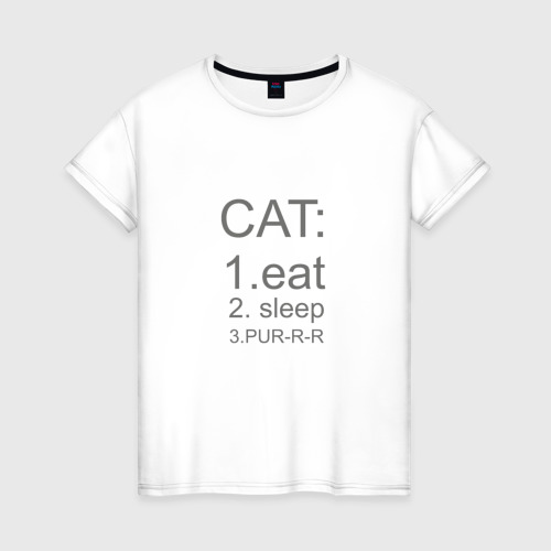 Женская футболка из хлопка с принтом Образ жизни любой кошки или кота, вид спереди №1