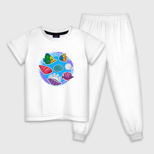 Детская пижама хлопок с принтом Рыбки и ракушки, вид спереди #2