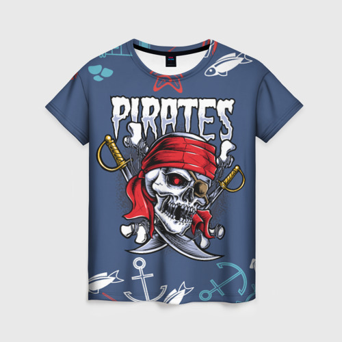 Женская футболка 3D с принтом Пиратский череп в бандане, вид спереди #2