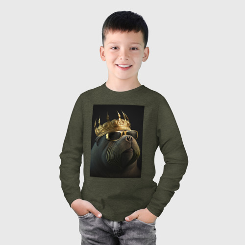 Детский лонгслив хлопок Морж рэпер в короне, цвет меланж-хаки - фото 3