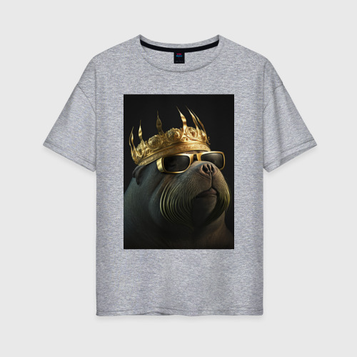 Женская футболка хлопок Oversize с принтом Морж рэпер в короне, вид спереди #2