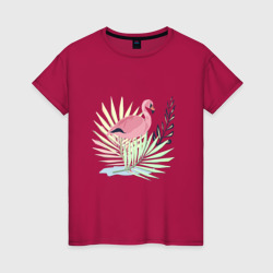 Розовый фламинго на фоне листьев – Футболка из хлопка с принтом купить