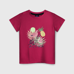 Детская футболка хлопок Розовый фламинго в листьях с фруктами