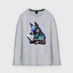 Женский лонгслив oversize хлопок Киберпанк собака с книгой