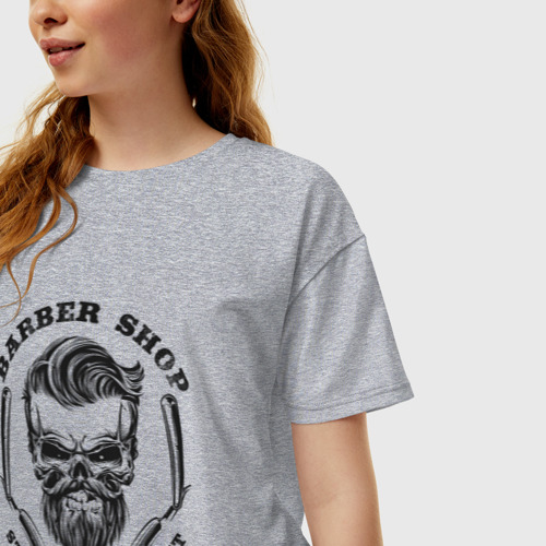 Женская футболка хлопок Oversize с принтом Barbershop Skull, Череп Барбера, фото на моделе #1