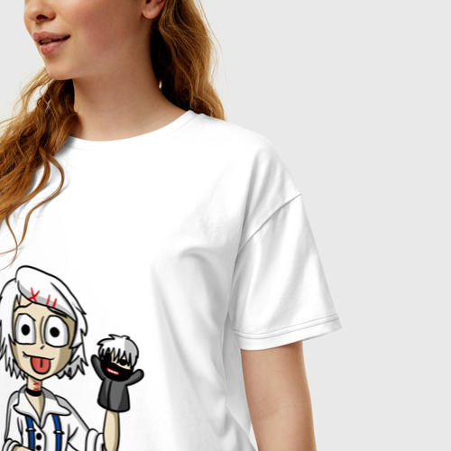 Женская футболка хлопок Oversize с принтом Джузо с куклой, фото на моделе #1