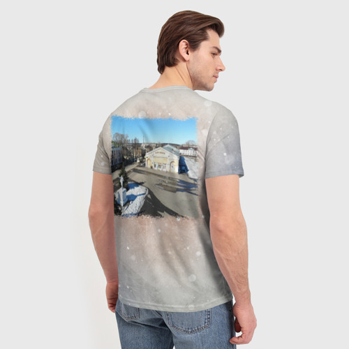 Мужская футболка 3D с принтом Слободской - колокольня и Соборная площадь зимой, вид сзади #2