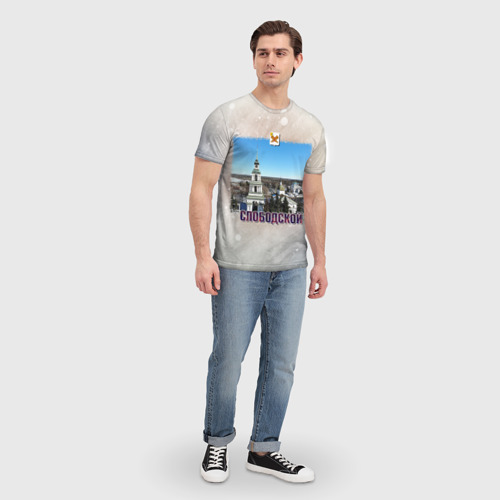Мужская футболка 3D с принтом Слободской - колокольня и Соборная площадь зимой, вид сбоку #3