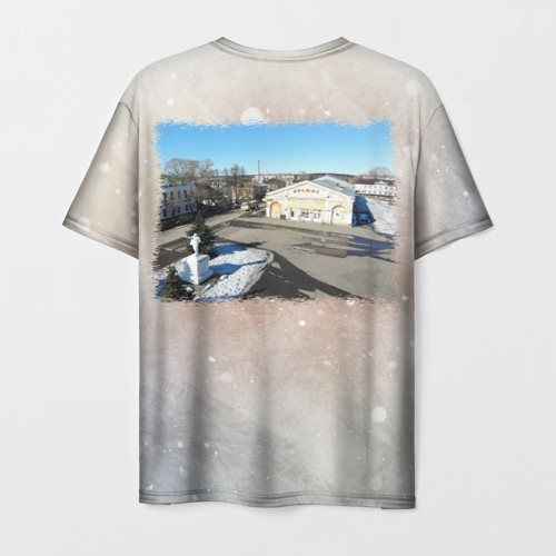 Мужская футболка 3D с принтом Слободской - колокольня и Соборная площадь зимой, вид сзади #1